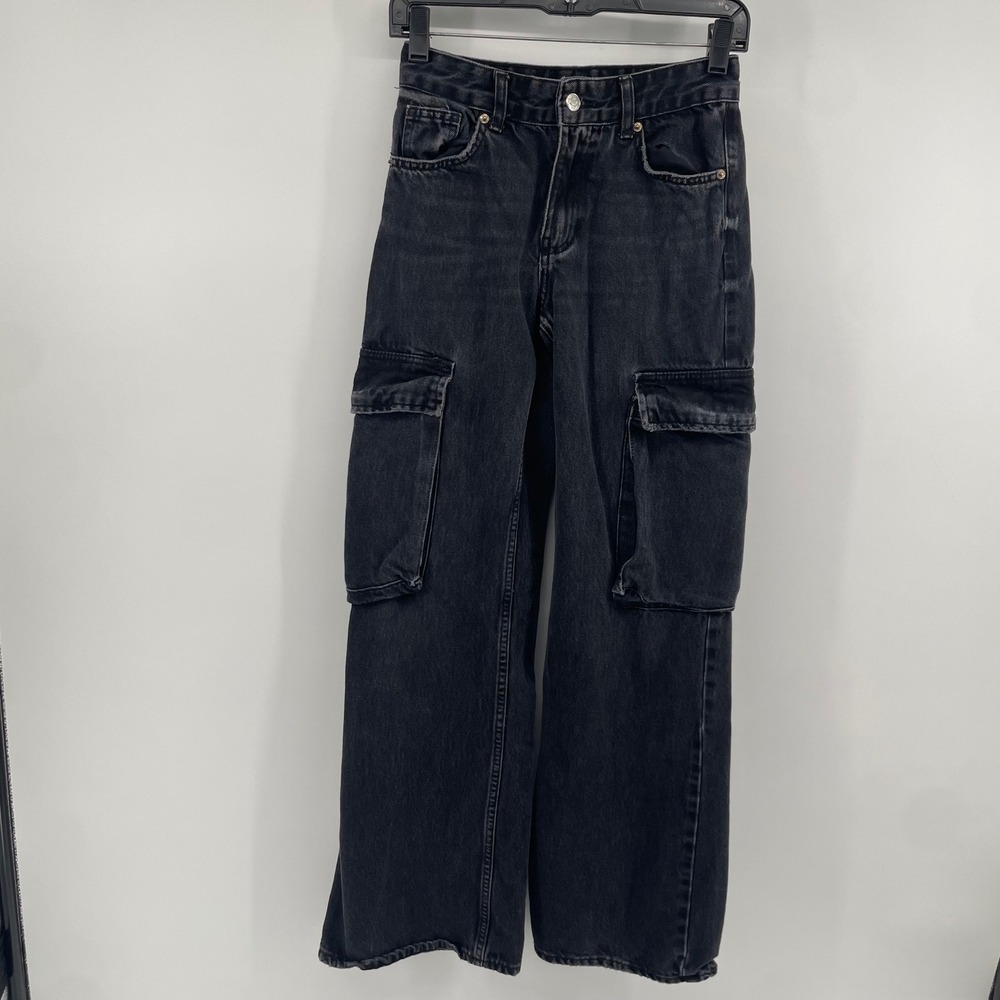 Zara Cargo Jeans Womens 0 Black Wide Leg High Rise Utility Denim Pants